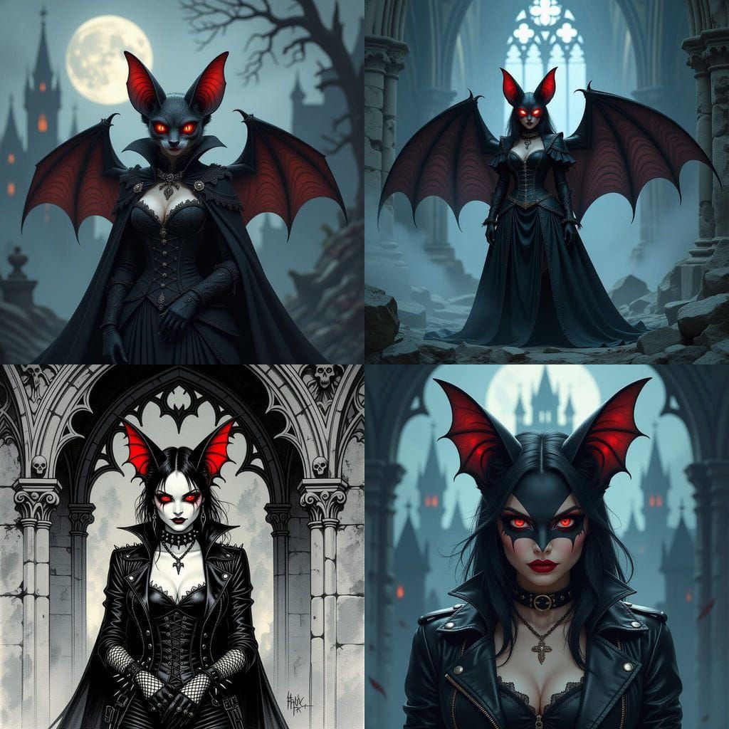 Gothic Bat Fursona with Red Eyes in Dark Setting