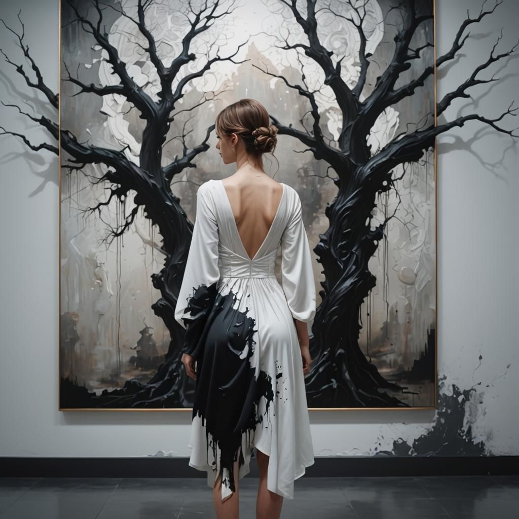 Elegant Woman in White Dress Before Dark Fantasy Painting