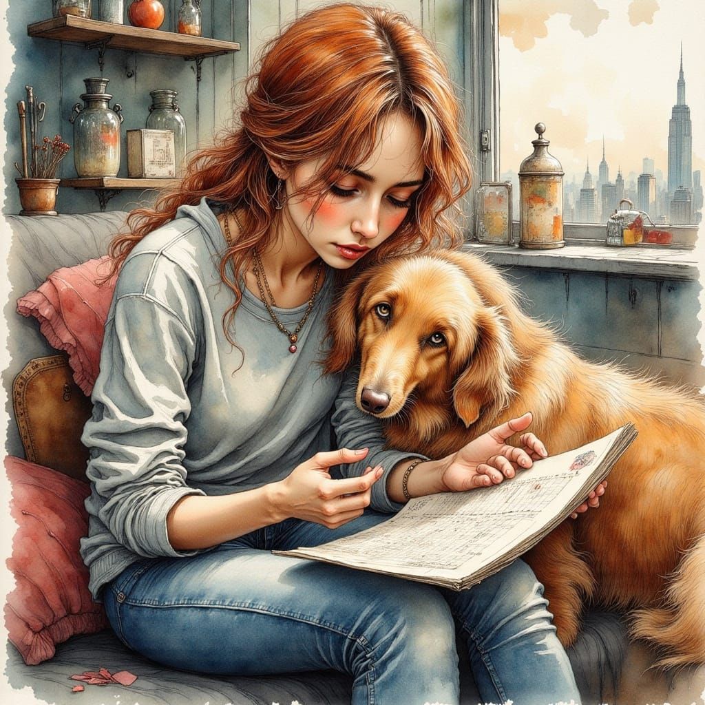 Young Woman Contemplates Fate with Golden Retriever in Manha...