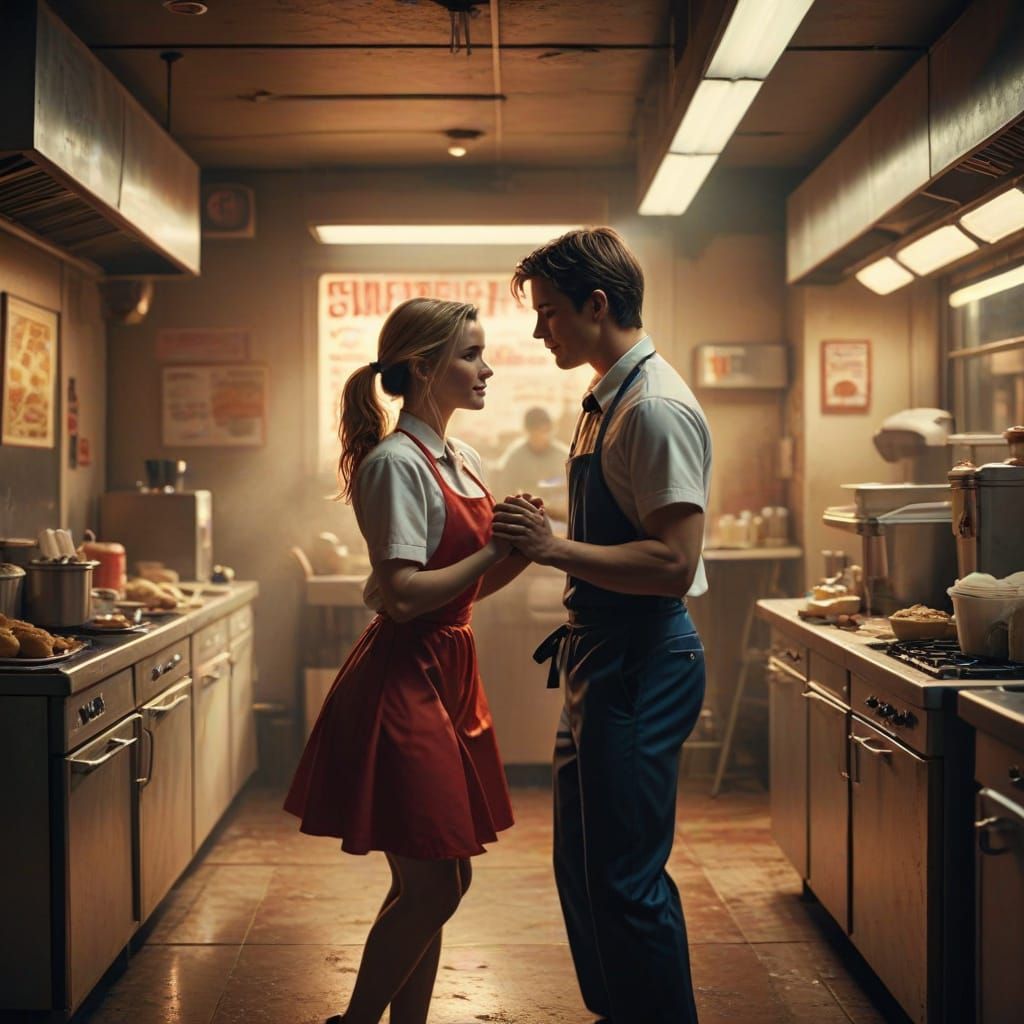 Couples Dance in Fast-Food Kitchen in a Romantic Mood
