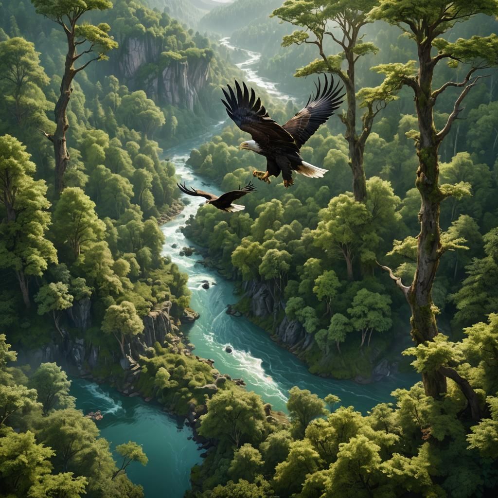 Magical Forest With Eagles: Fantasy Concept Art