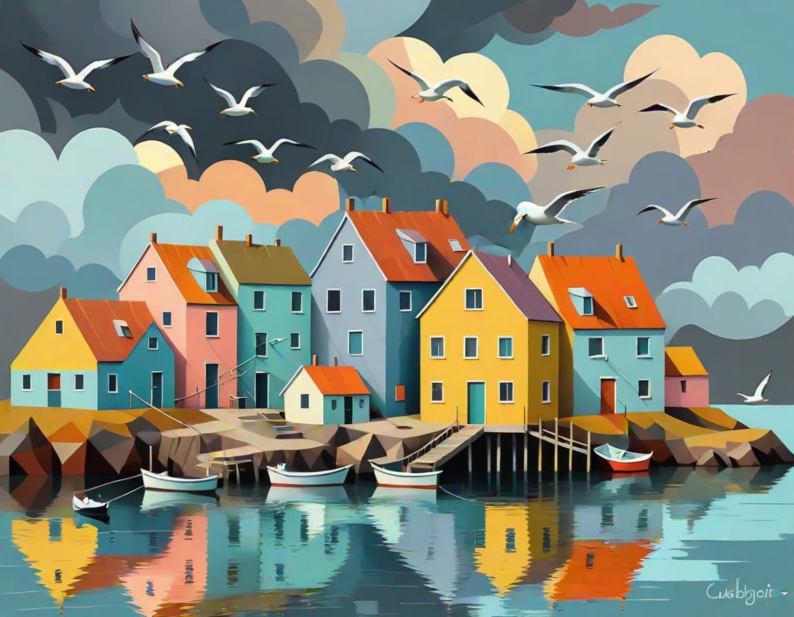 Surreal Impressionist Fishing Village in Autumn Colors