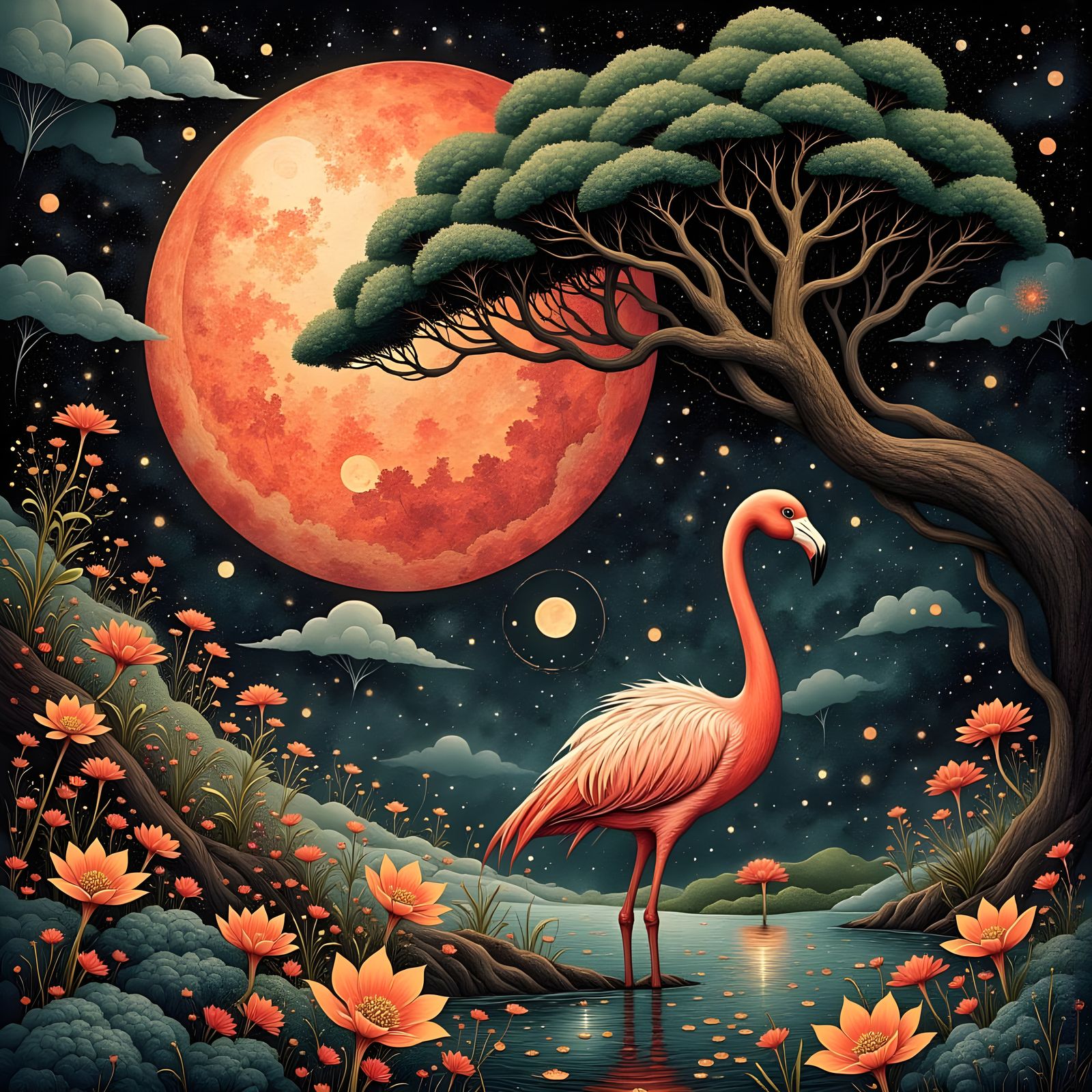 Flamingo Goes For A Nighttime Stroll