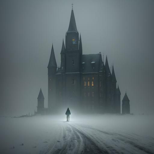 Eerie Figure in Snowy Street: Dark Mystical Digital Painting