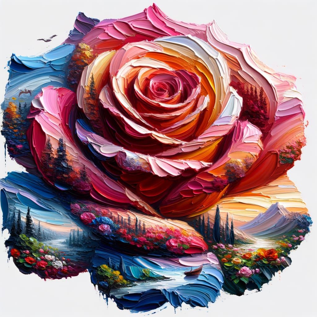 Rose With Natural Scenes as Impasto Painting