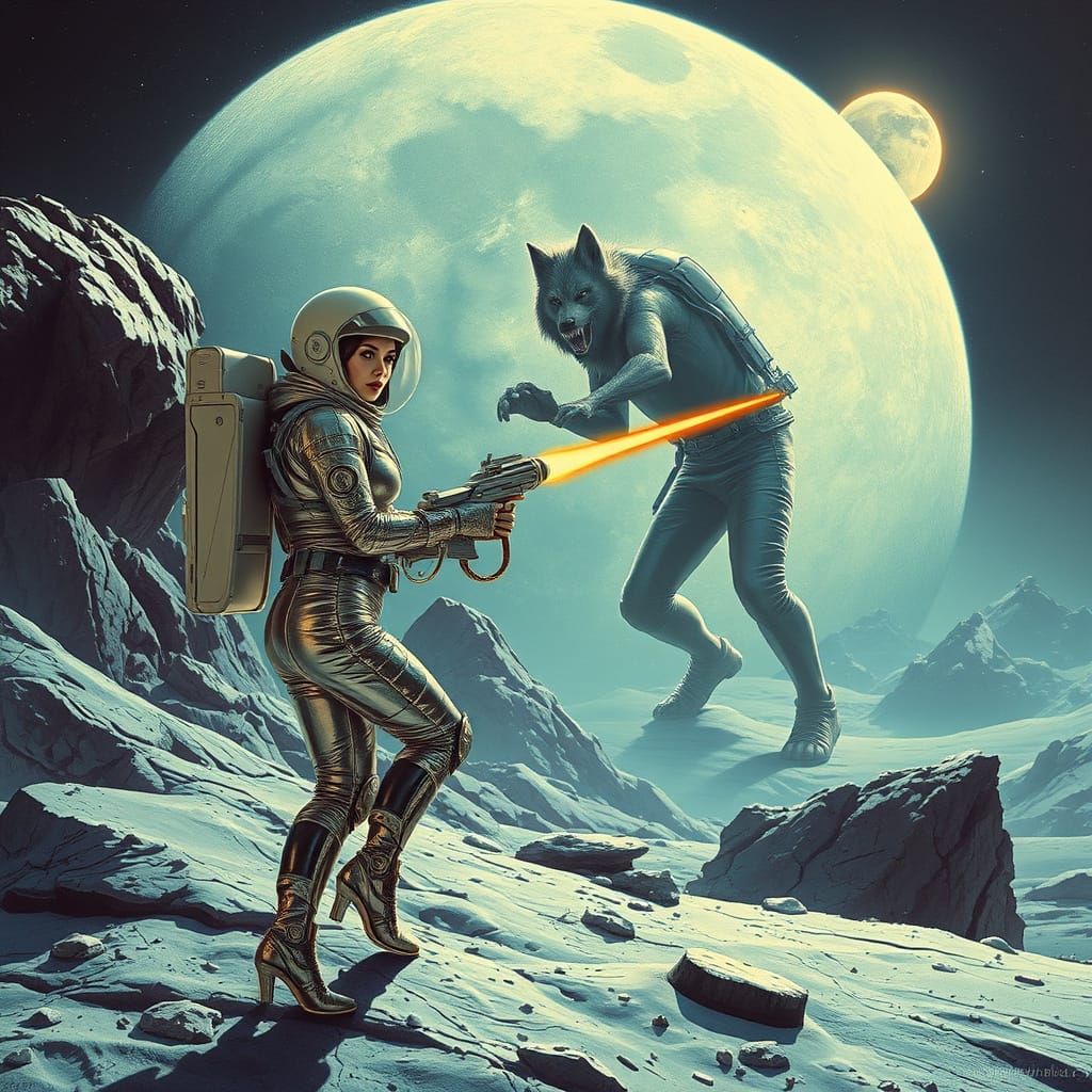 Retro-Futuristic Astronaut Showdown on the Moon