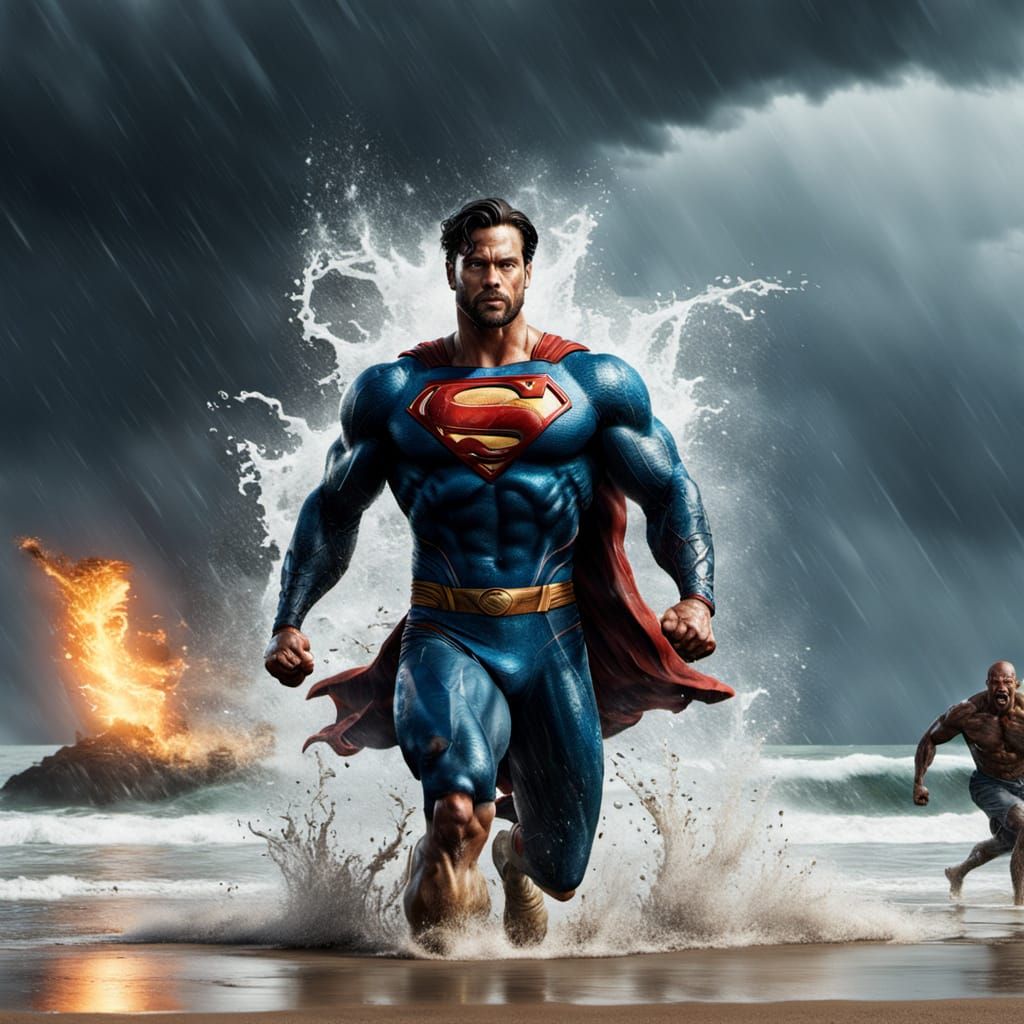 Dynamic Hyperrealism: Hercules Superman Runs on Stormy Beach