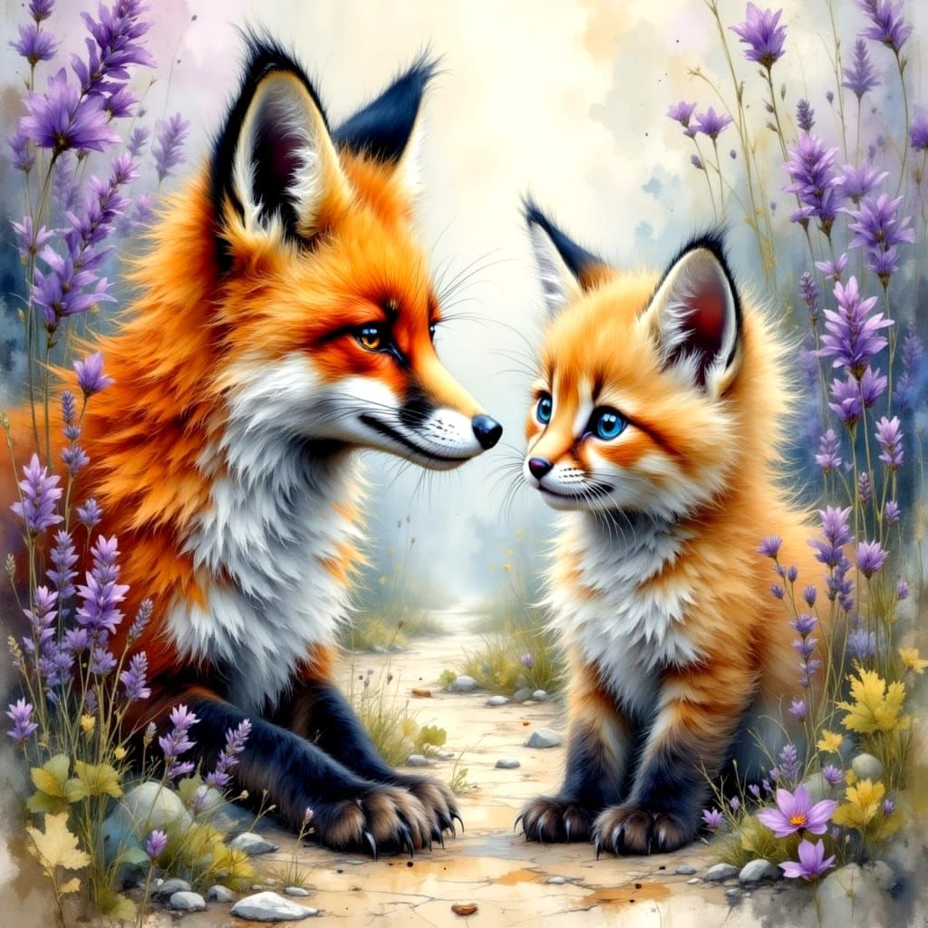 Fox and Kitten Encounter as Ink and Watercolor