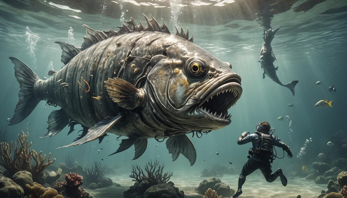 Biopunk Fish Approaches Diver Underwater