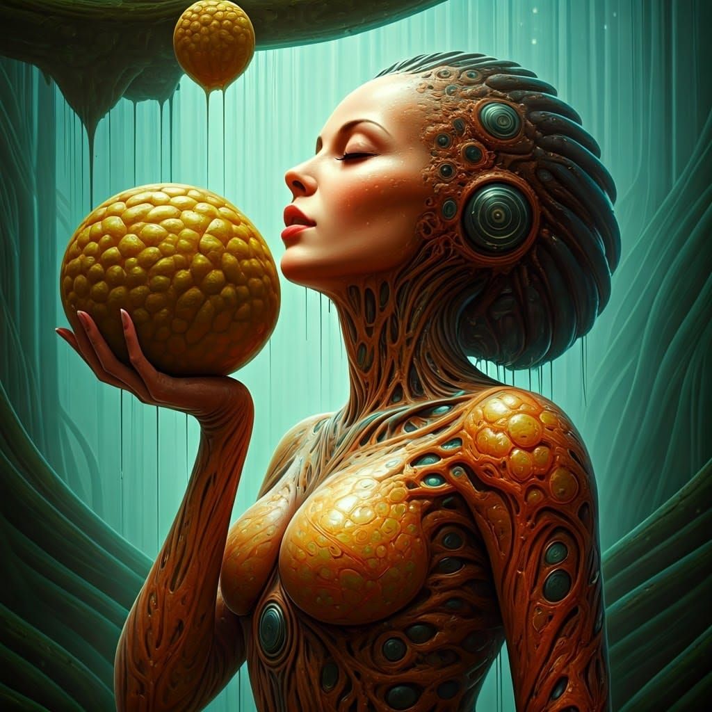 "bioengineered posthuman lady drinking some liquid from a prothrusion on a weird fruit that is hanging from a branch of ...