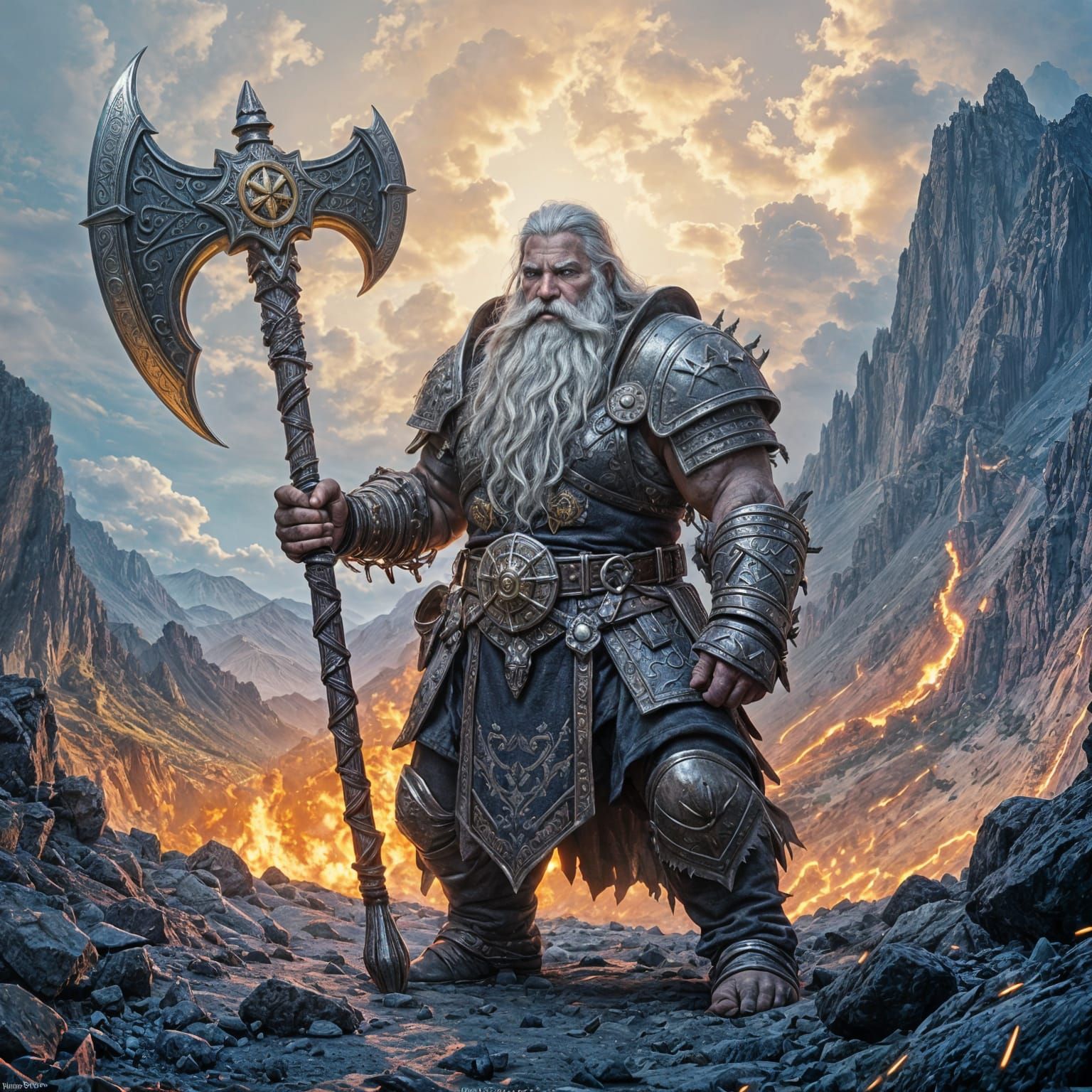 Old Dwarven Warrior in Active Volcano, Dark Fantasy Art