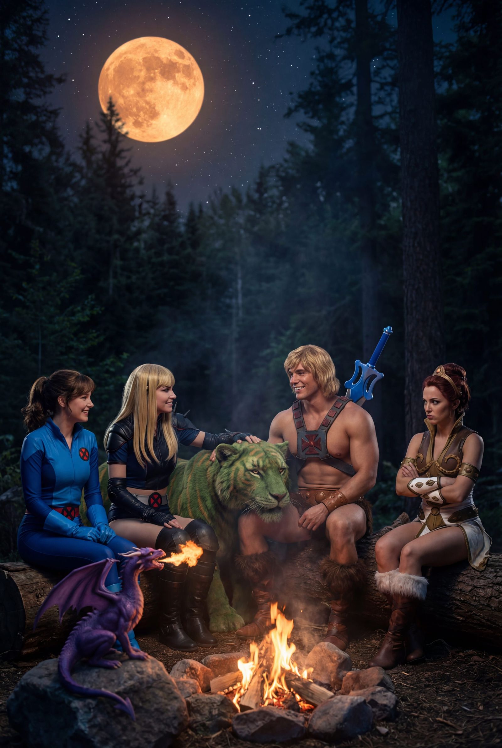 He-Man and X-Men Characters in Forest Night Scene