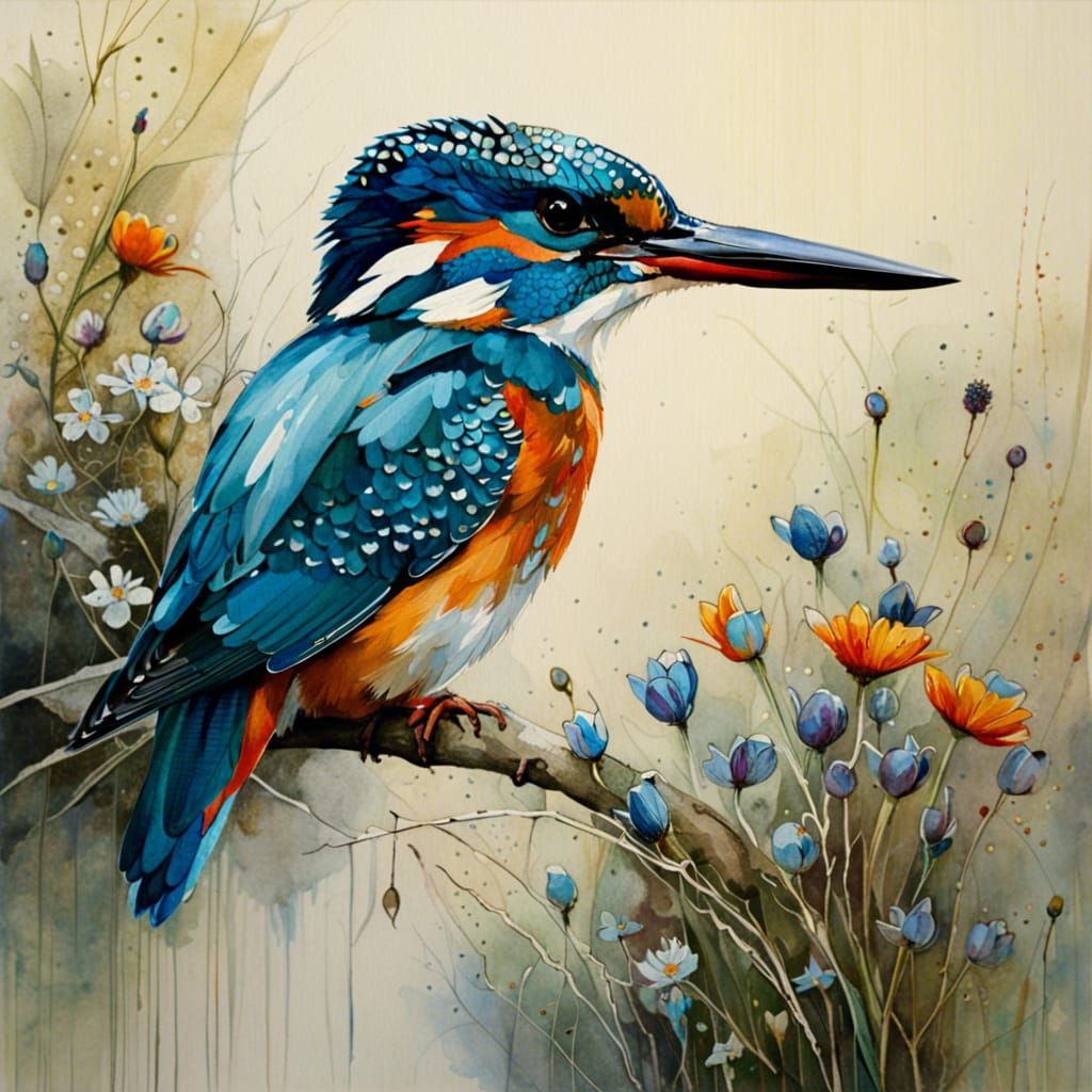 Kingfisher with Wildflowers and Butterflies in Morning Light