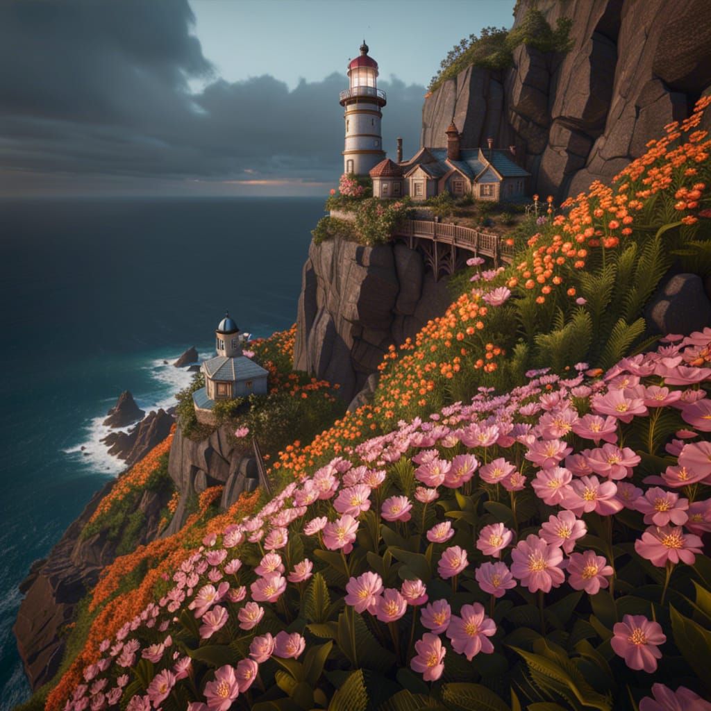 Lighthouse on Steep Cliff with Flowers
