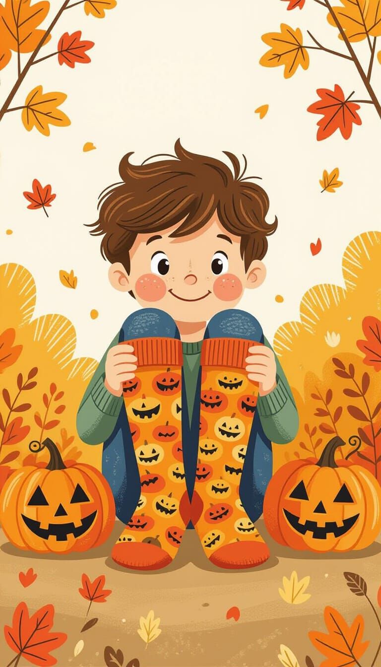 Happy Kid with Halloween Socks, Children's Illustration