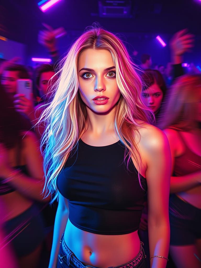 Ethereal Woman in Neon Nightclub Scene