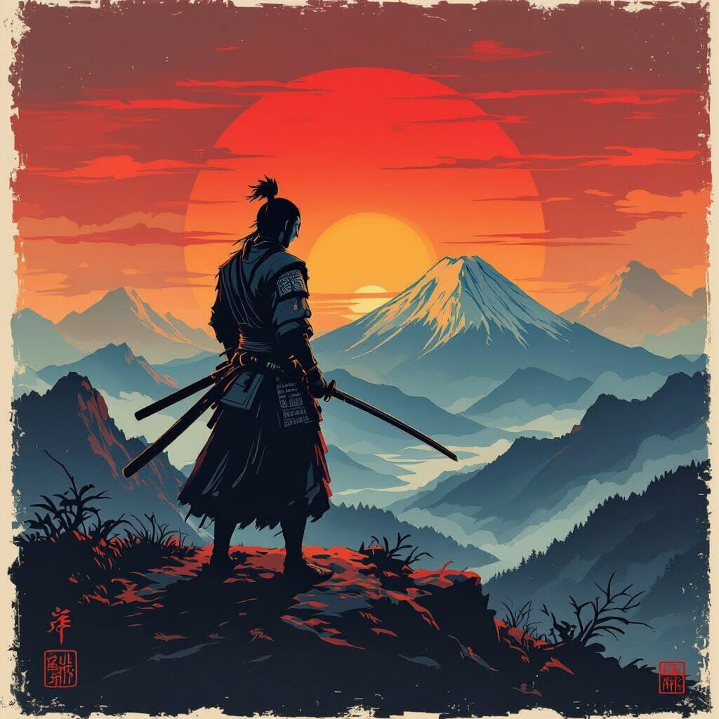 Samurai Silhouette on Mountaintop in Woodblock Print Style