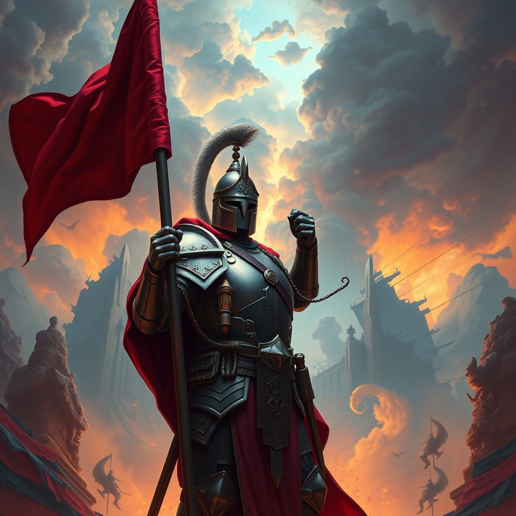 Armored Soldier with Flag in Fantasy Landscape