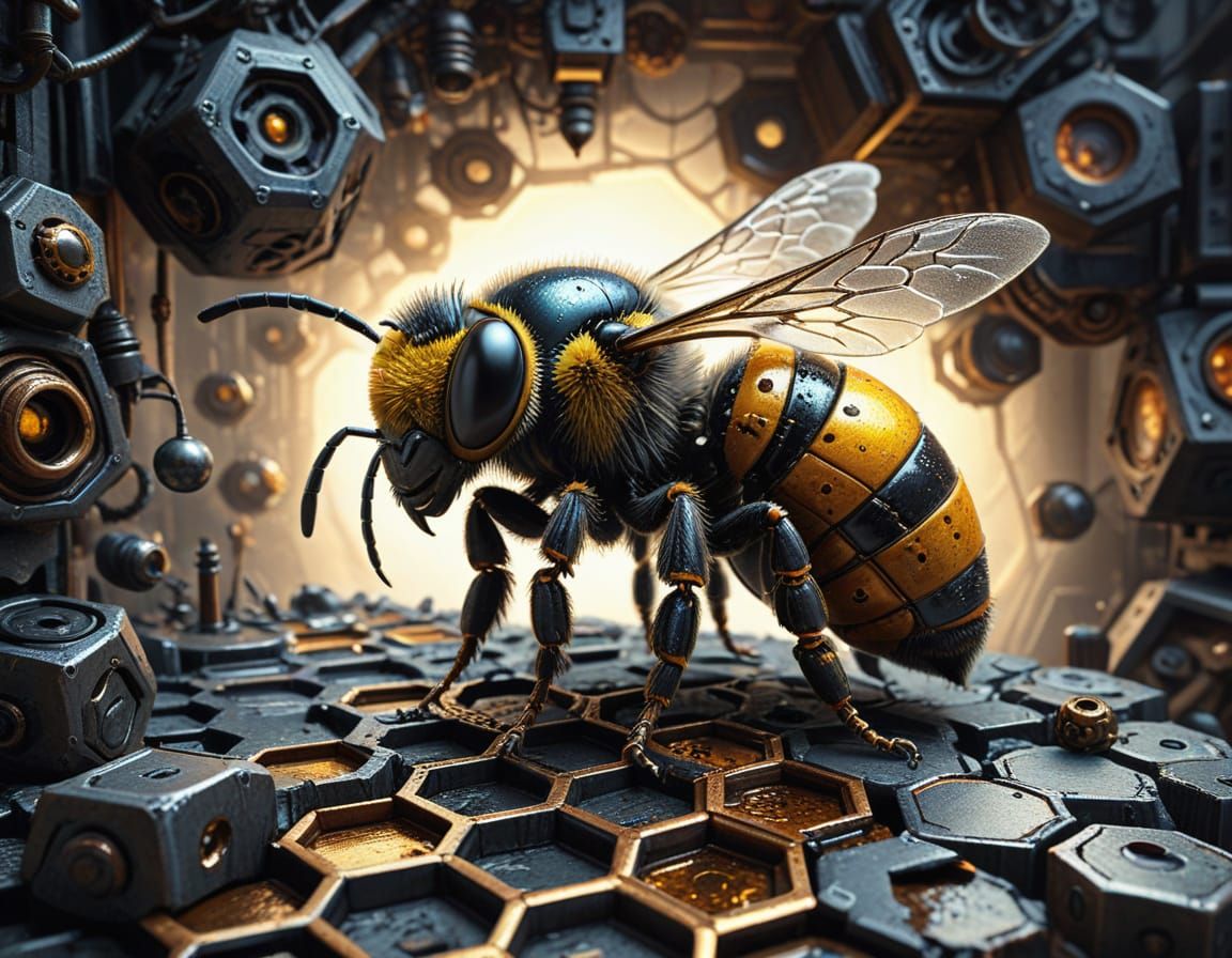 Steampunk Bee in Honeycomb, Charcoal Drawing in Sci-Fi Style