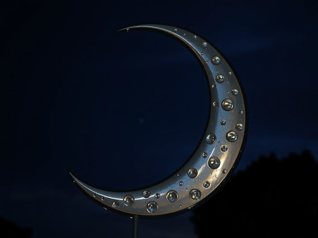Glistening Metal Crescent Moon Dances Under Starry Night