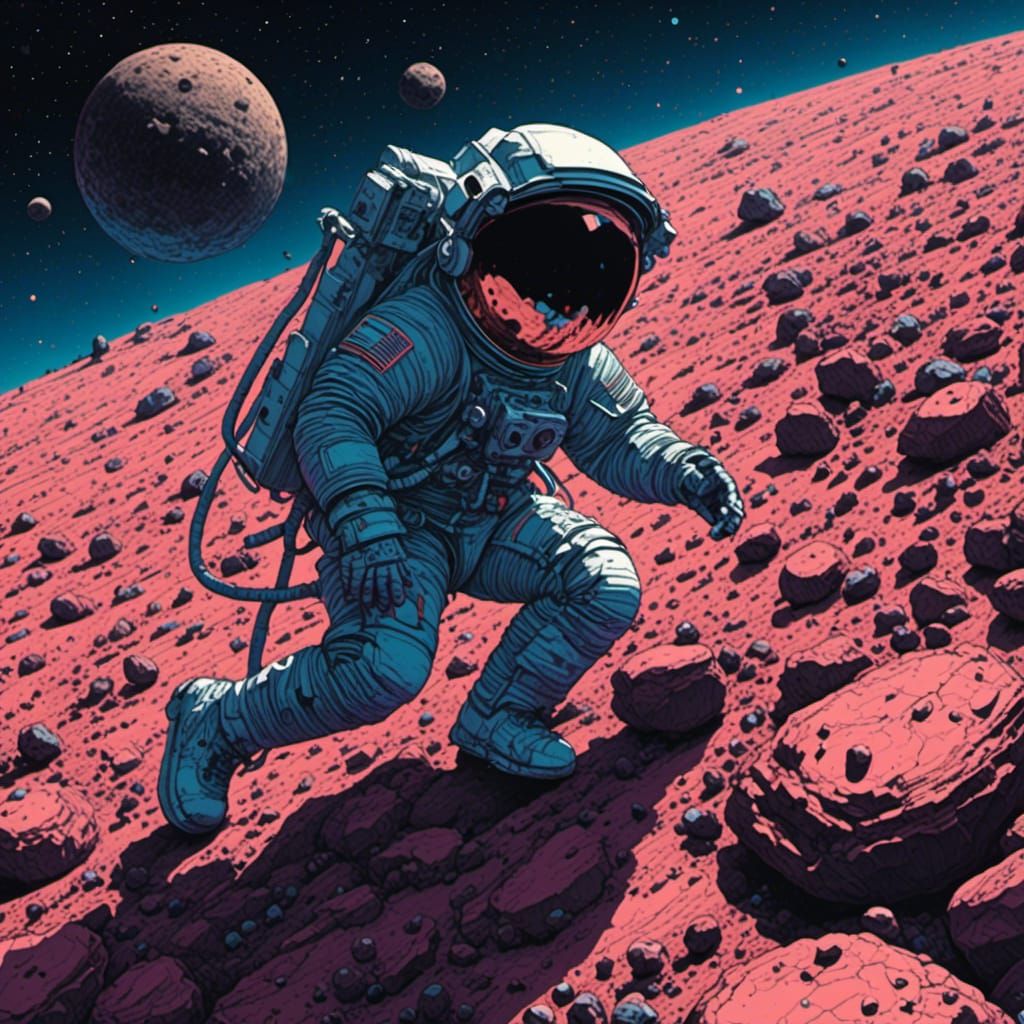 Spaceman navigating an asteroid field <lora:Neon Roast:1.0>