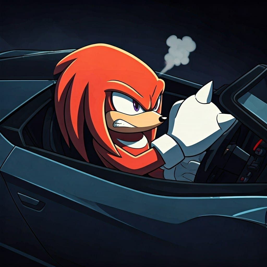 Angry Knuckles the Echidna in a High-Tech Sports Car