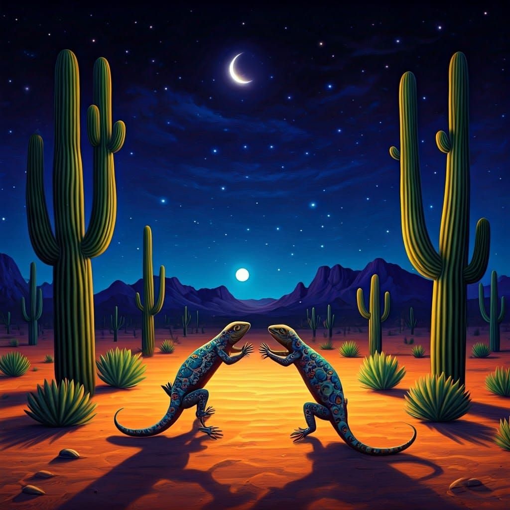 Lizards Dancing in Desert Night: Folk Art Scene