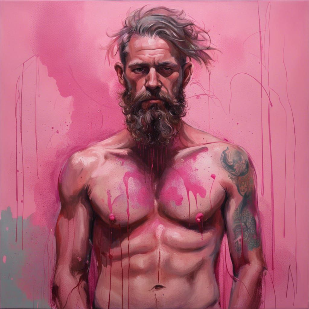 Tattooed Man Holding Pink Puddle: Street Art