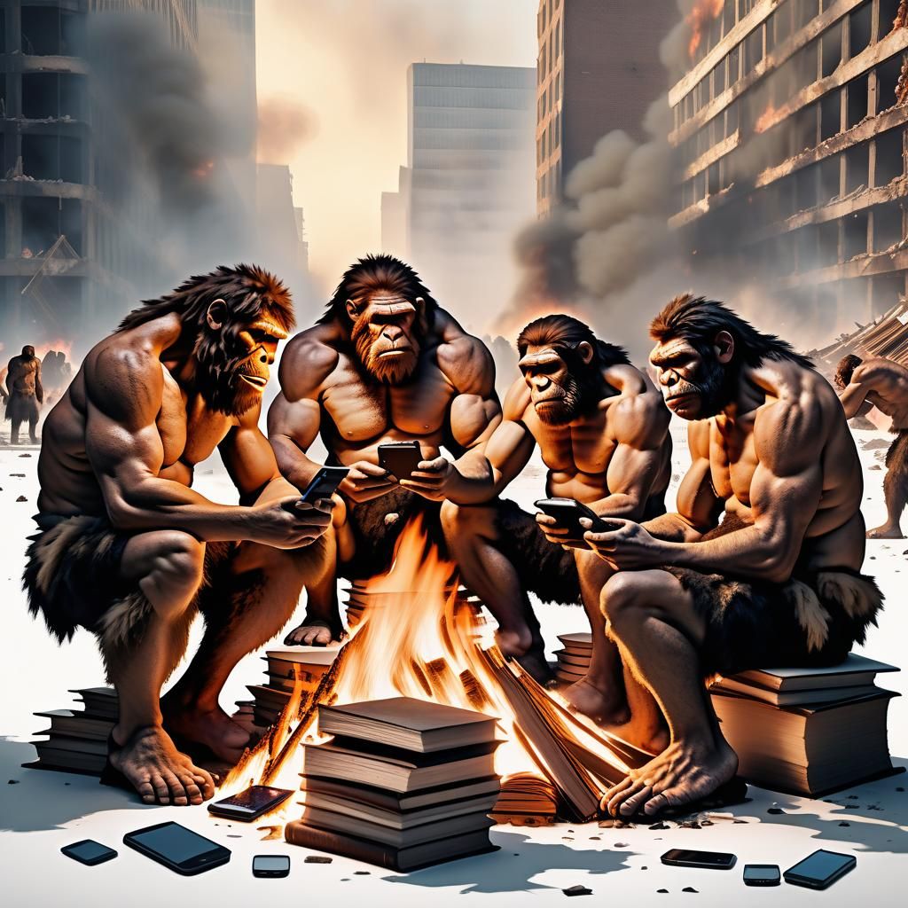 Neanderthals with Cell Phones in Post-Apocalyptic City