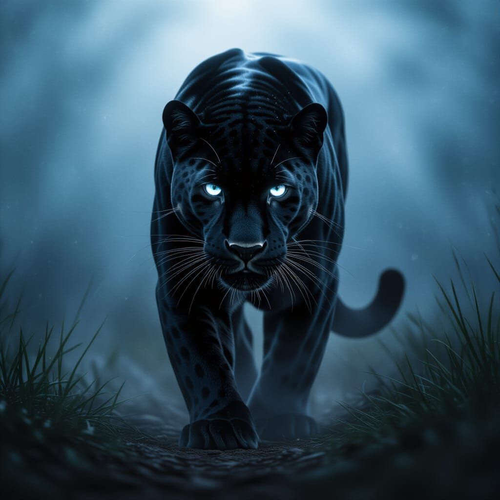 Majestic Panther Emerges from Darkness, Glowing Eyes