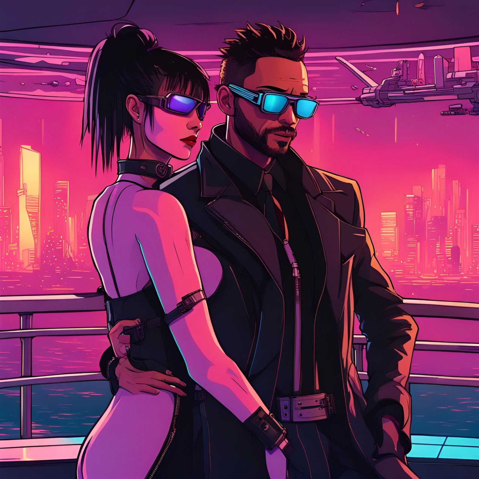 Cyberpunk Couple on Futuristic Cruise Ship Deck
