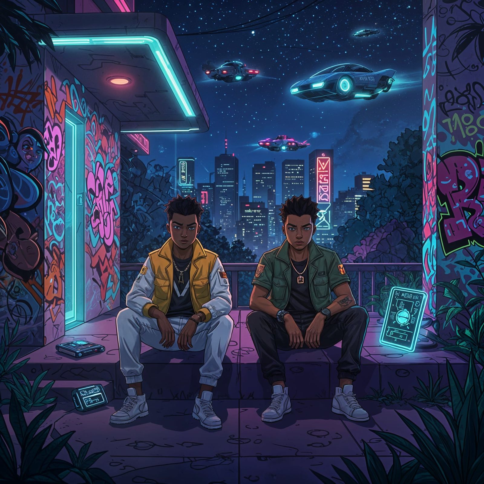 Futuristic Porch Scene in Cartoon Style