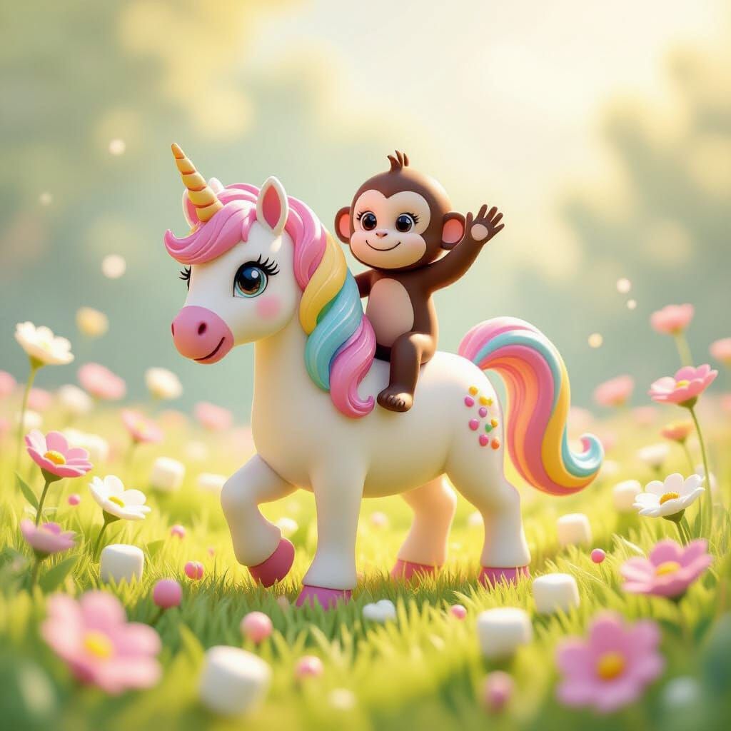 Candy Unicorn with Monkey on Marshmallow Meadow