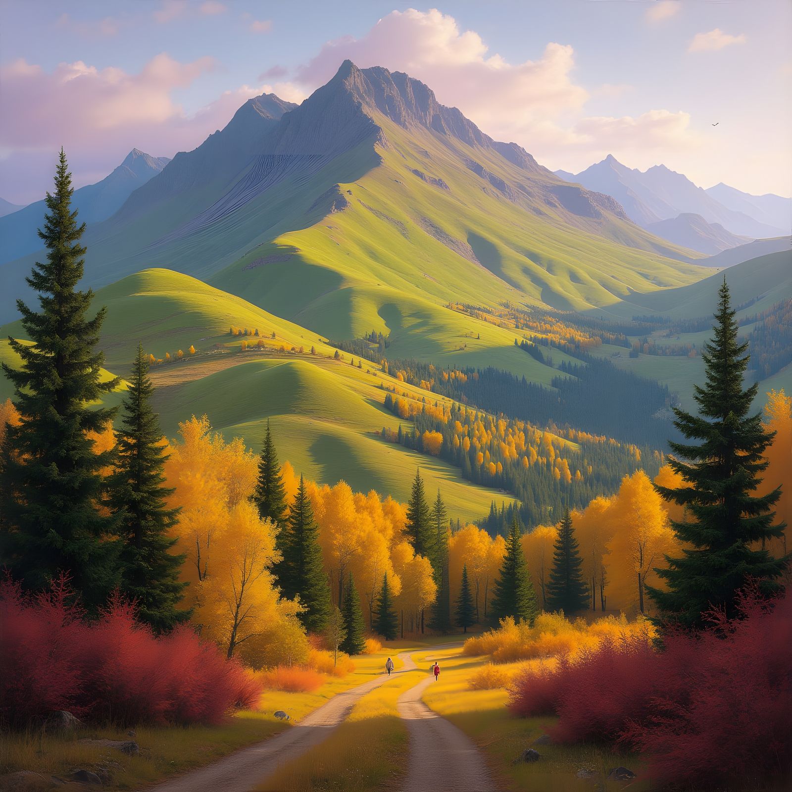 Autumn Mountain Landscape with Spruce and Sycamore Trees