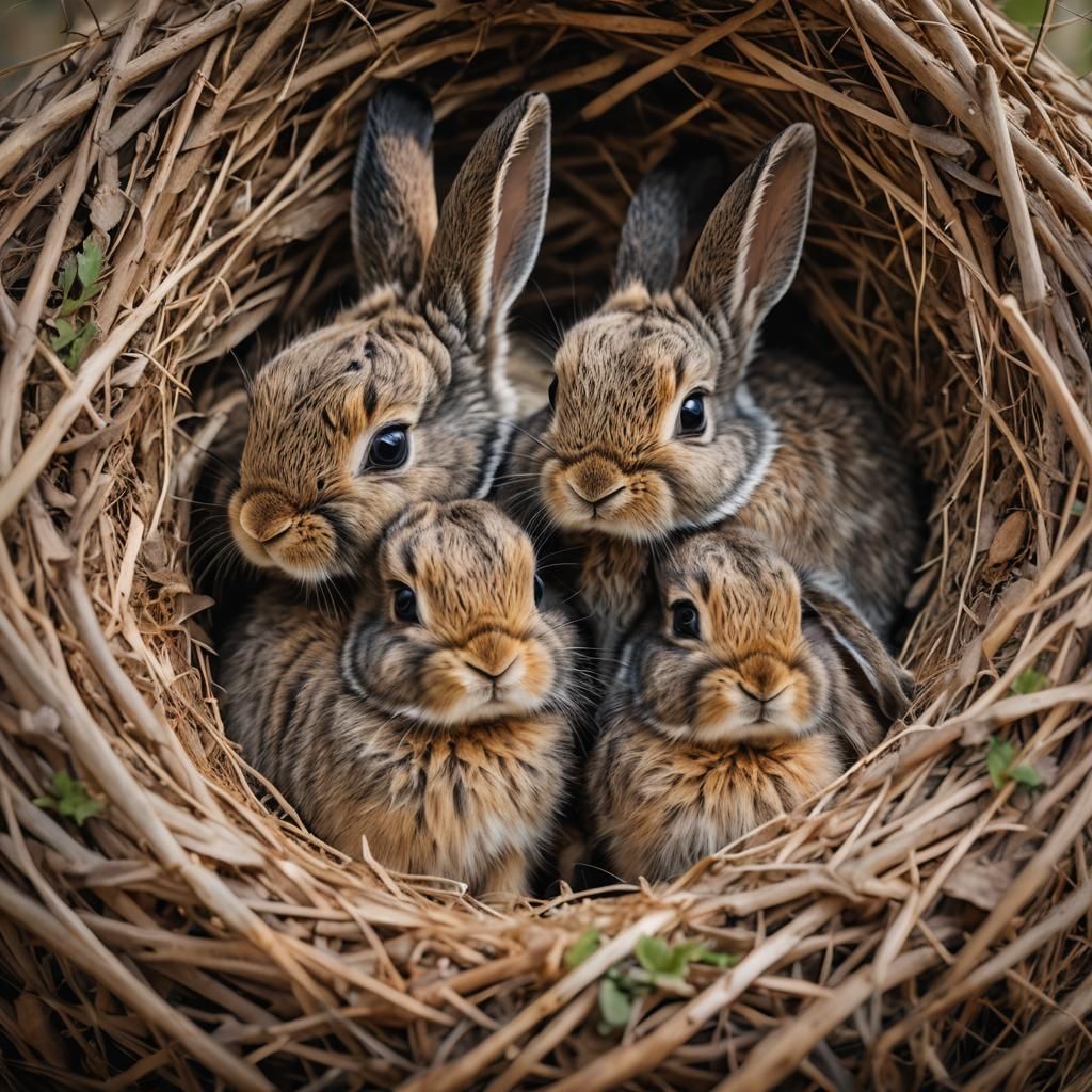 Baby Bunnies Huddle in Forest Nest