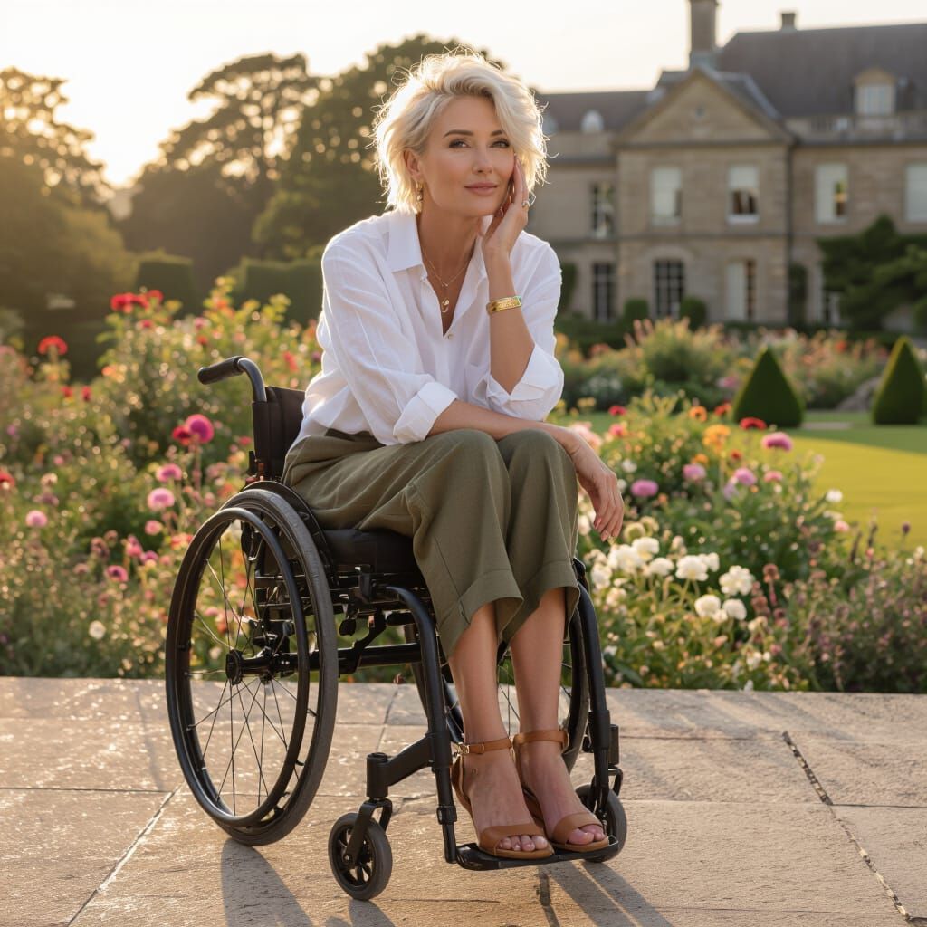 Elegant Woman in Wheelchair Overlooking Garden at Golden Hou...