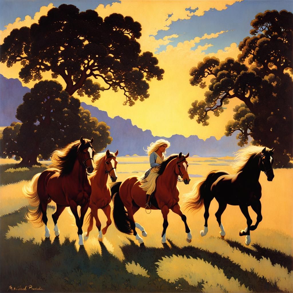 Ponies Parade Across Prairie in Dreamlike Illustration