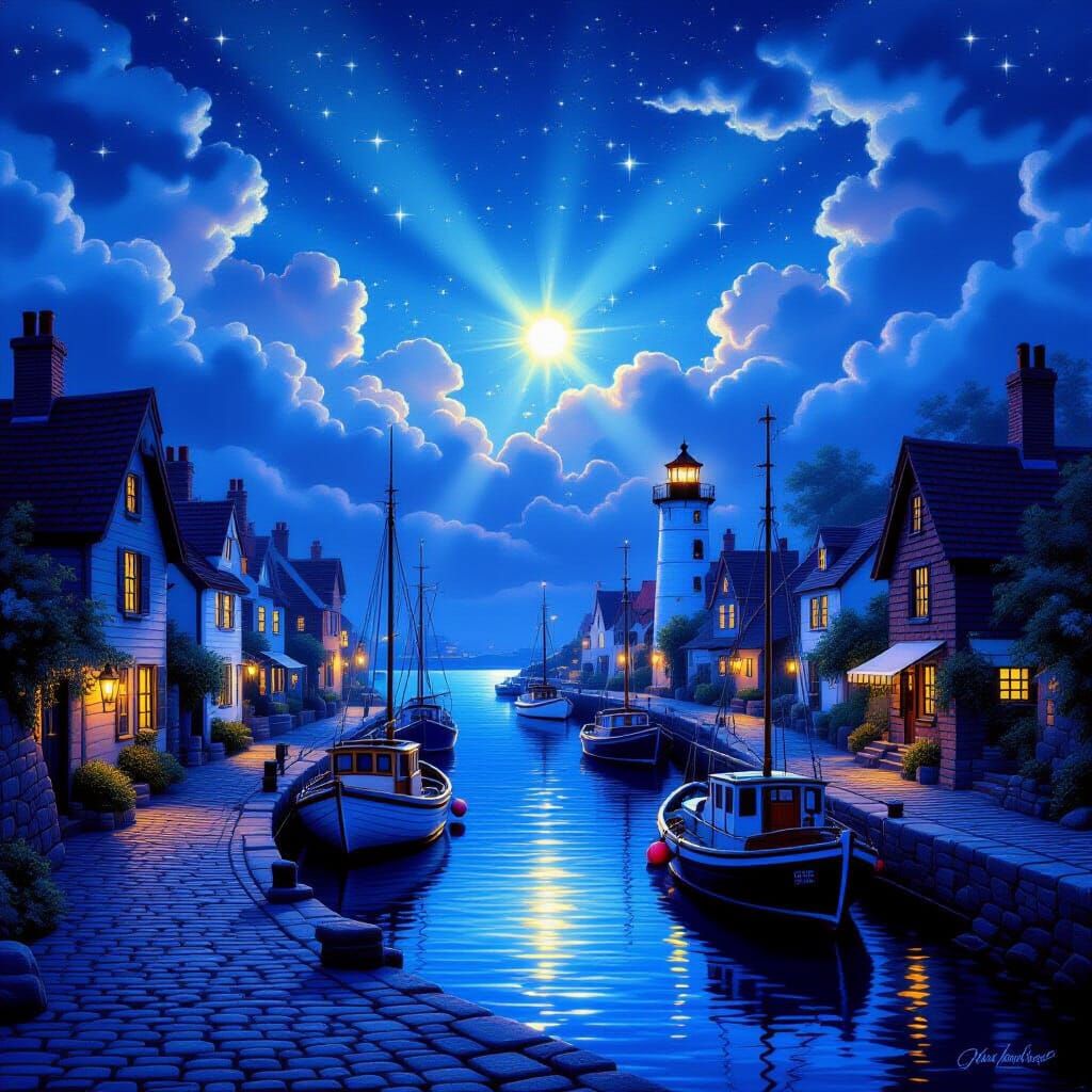 Cozy Fishing Village Under Starlit Sky with Lighthouse