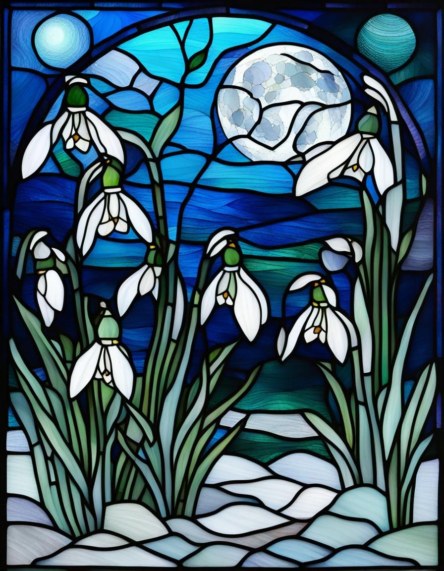 Stained Glass Snowdrops Under Full Moon