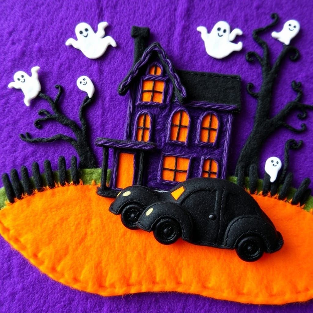 Haunted House and Pumpkin Car in Tweed and Felt Style