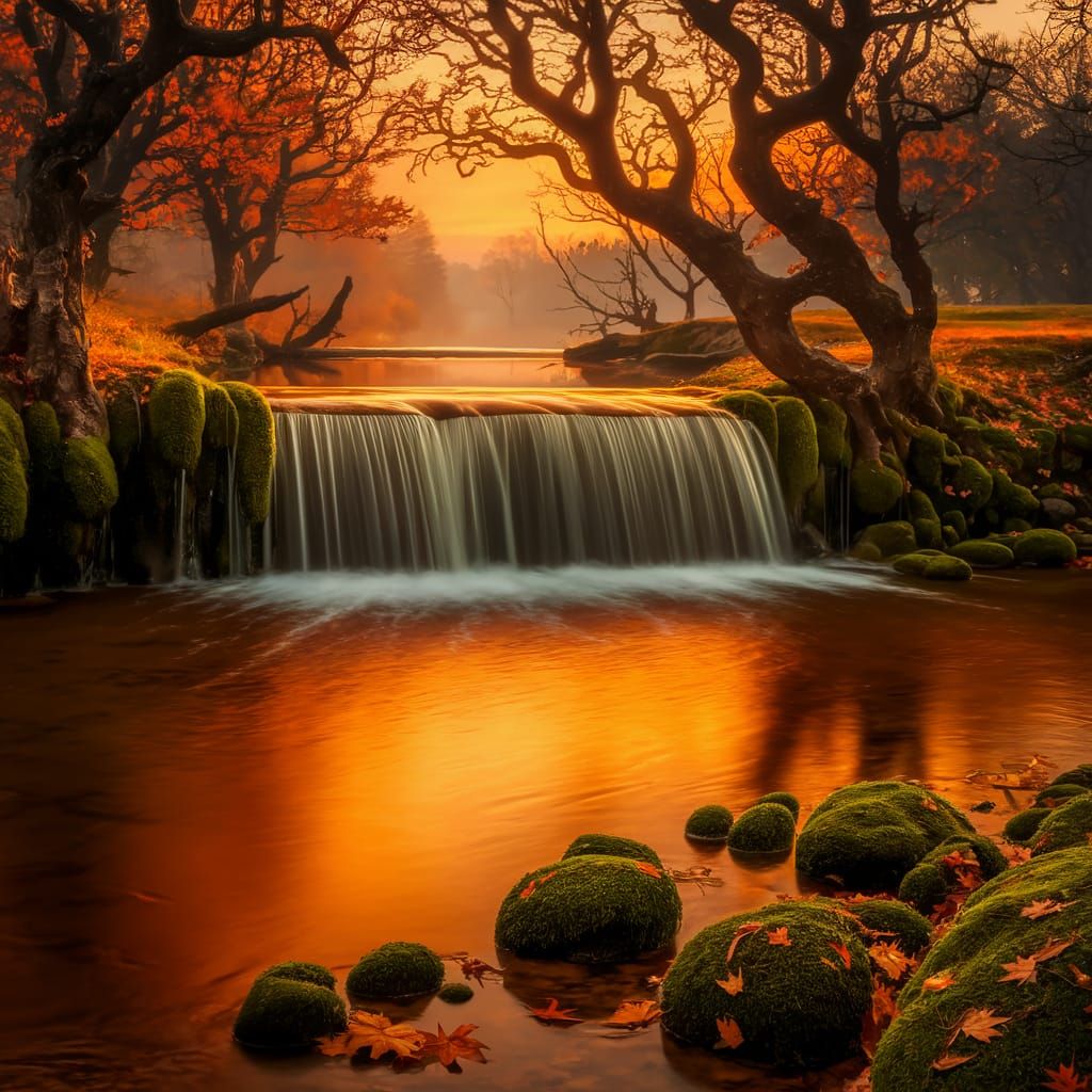 Autumn Waterfall Serenity in Golden Light