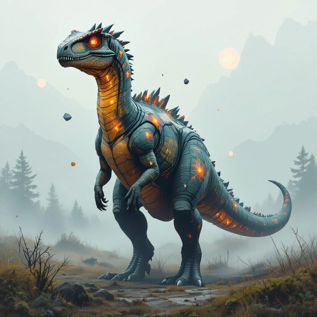 Cosmic Dinosaur Hybrid in Misty Prehistoric Landscape