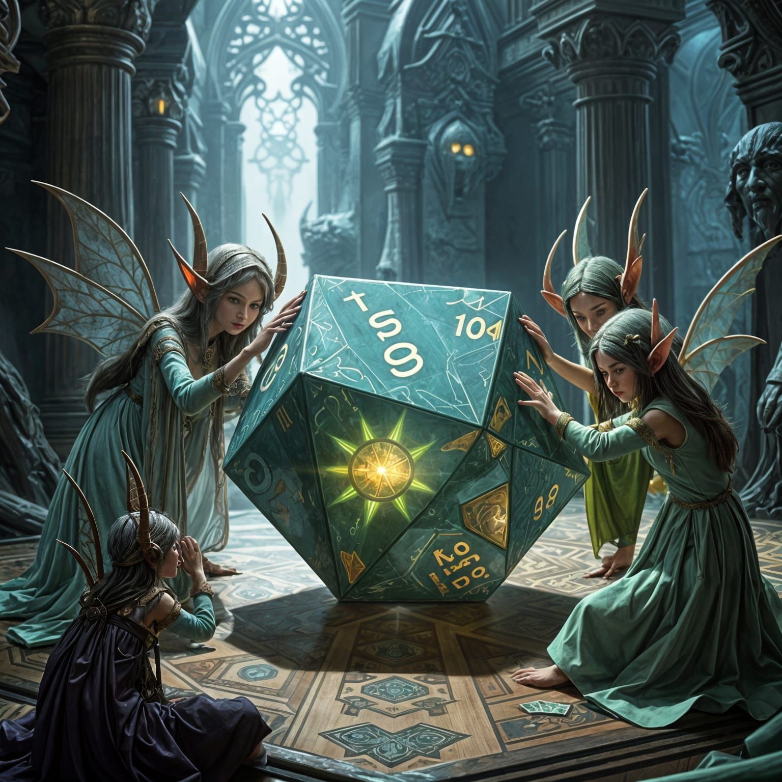 Elves Rolling a Giant Octahedron Die
