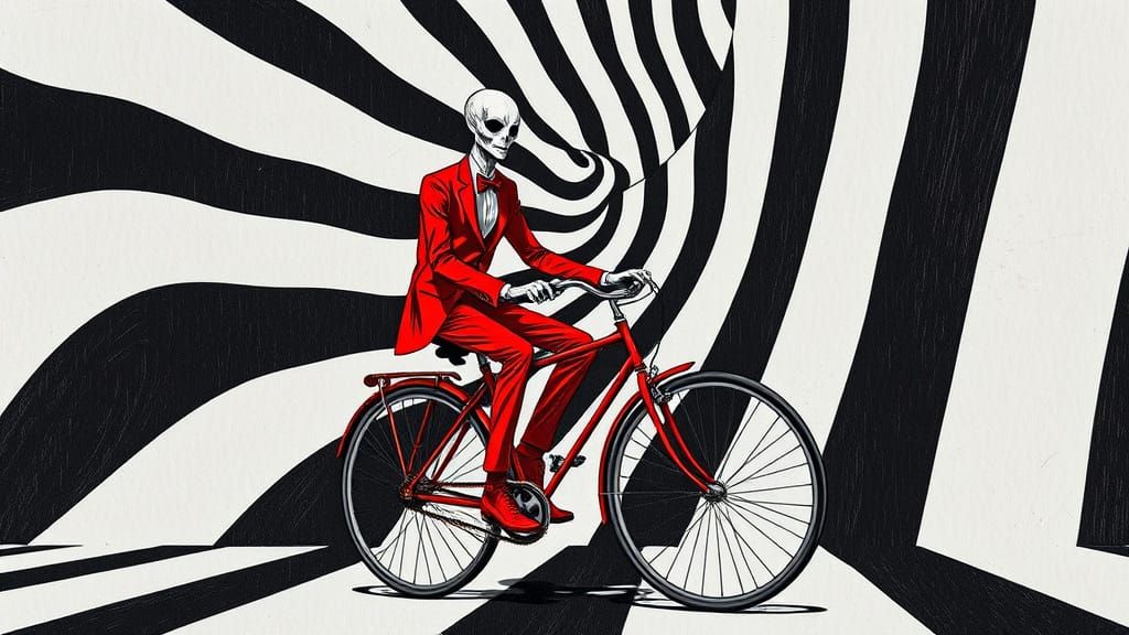 Slender Man Rides Red Bicycle in Op Art Style