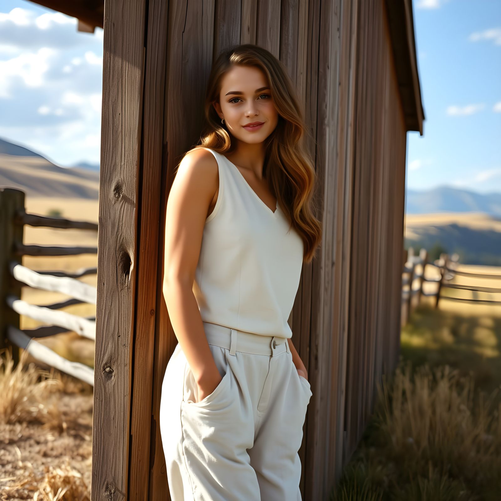 1970s Style Portrait of Woman in Linen Outfit