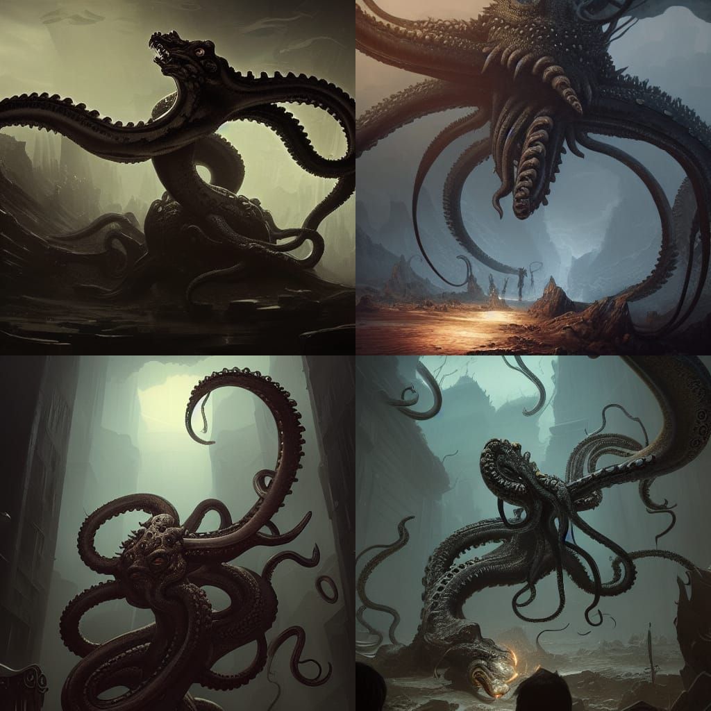 Fossilized Tentacle Monster in Dark Fantasy Style