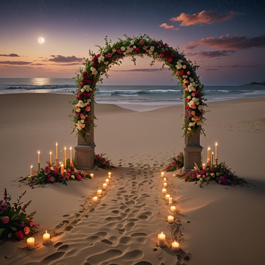 Candles line a path in the sand on the beach that leads to a...