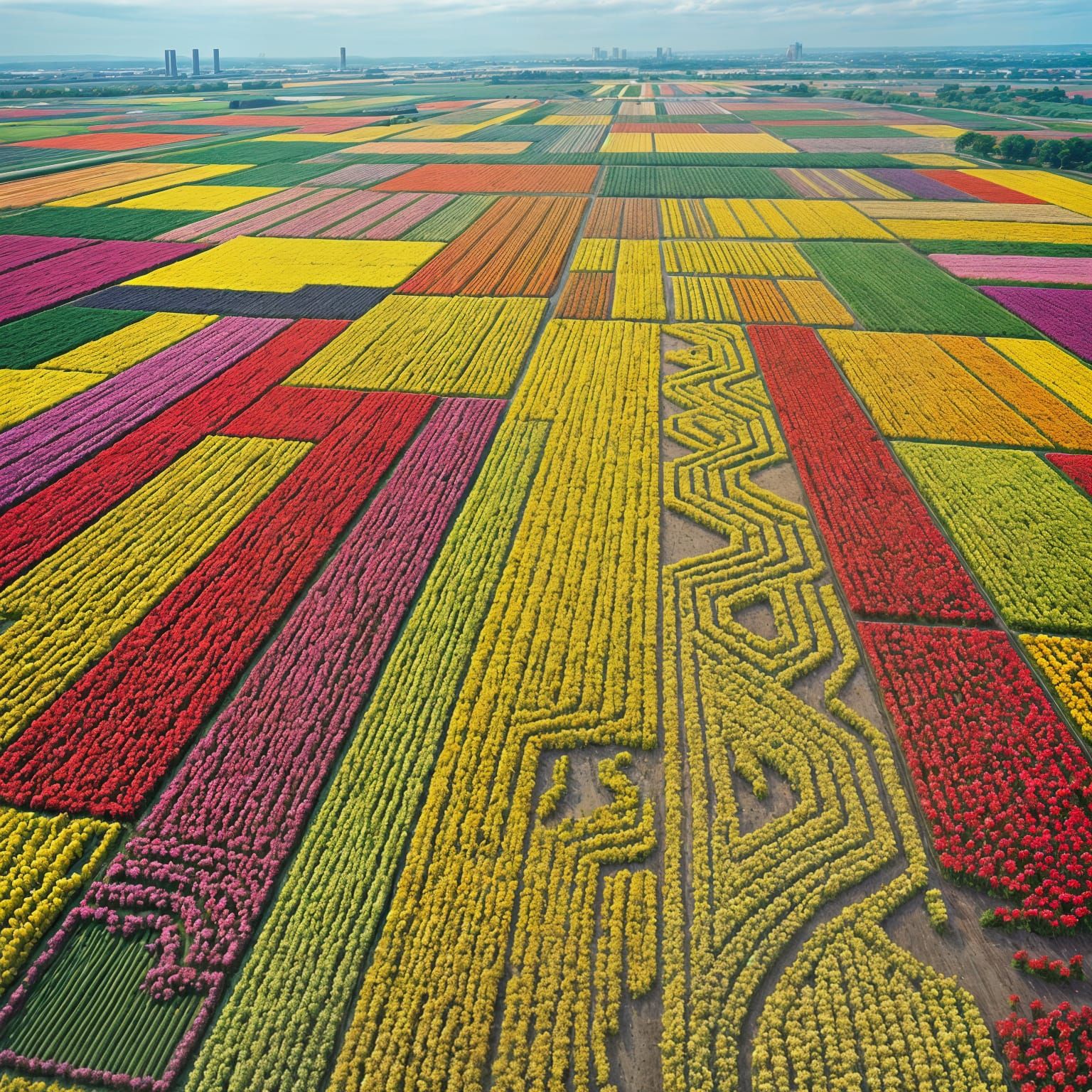 Colorful Flower Fields in Block Pattern: Aerial View