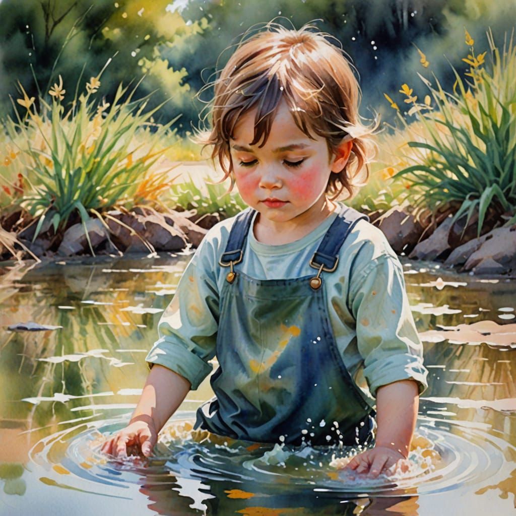 Child Washing Up in Watercolor Impressionism