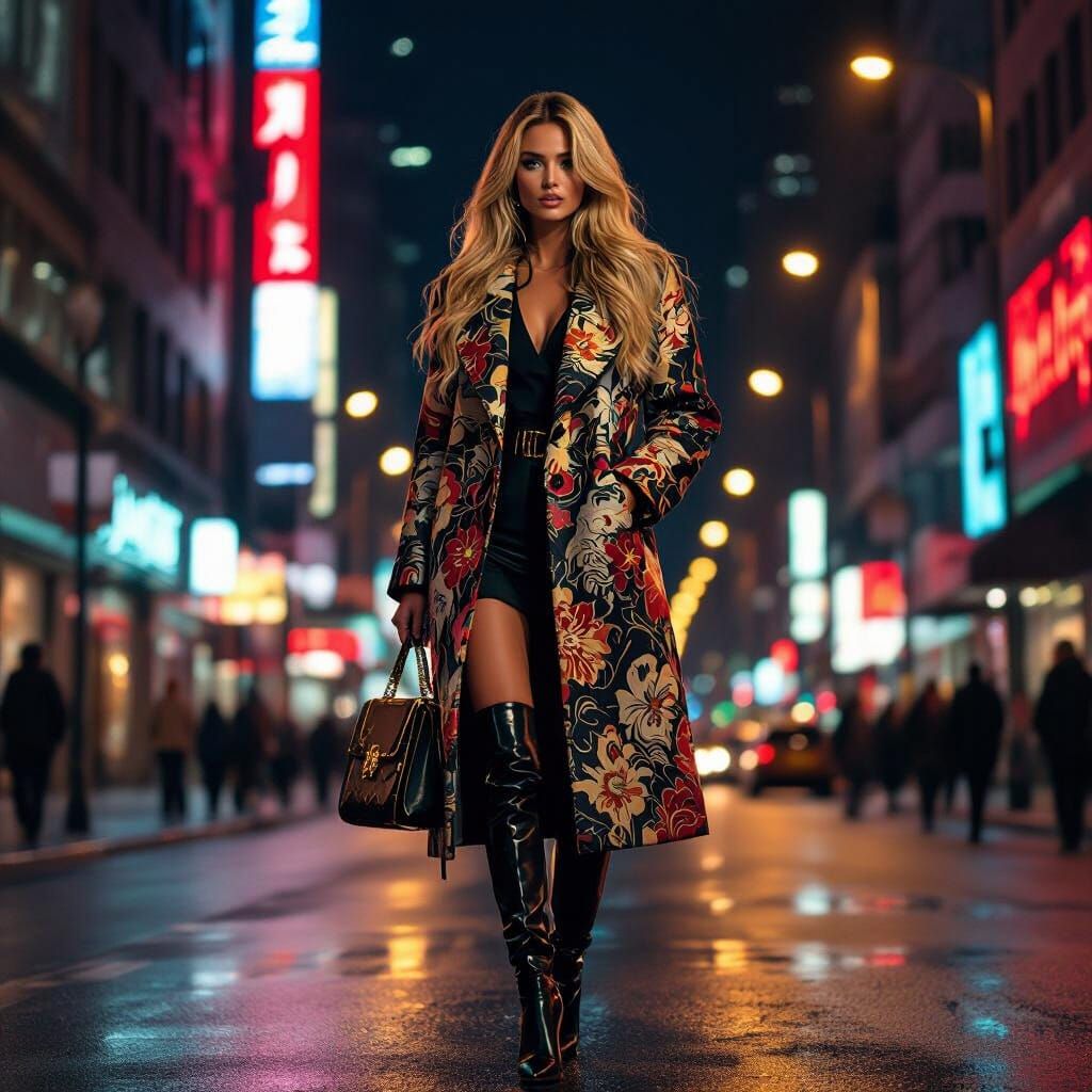 Stylish Woman in Neon Cityscape, Syd Mead Style